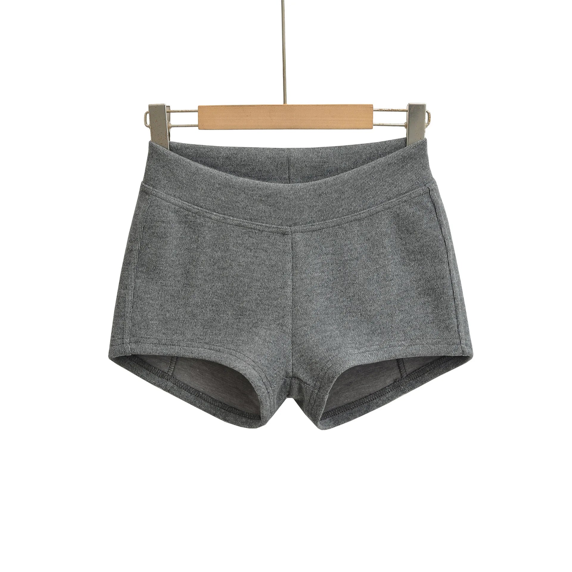 Gray Ribbed Knit Shorts For Women High Elastic Waist Soft Fabric Relaxed Fit Style For Casual Daily Stylish Under Shorts XK6F