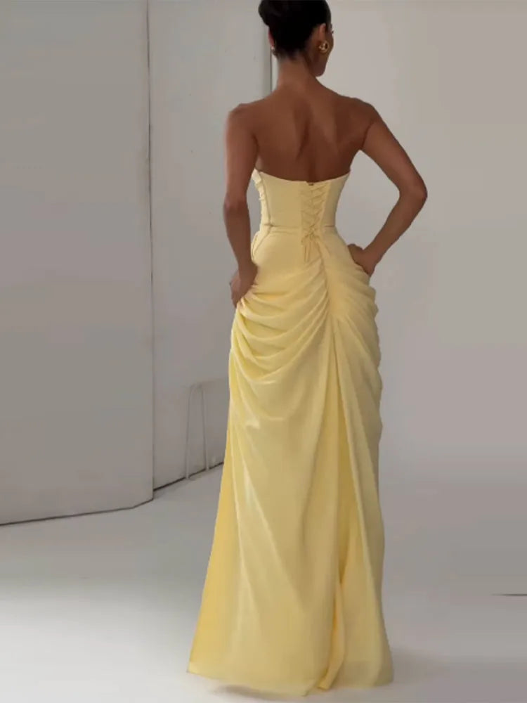 Elegant High Waist Bodycon Maxi Dress Strapless Pleated Hem Corset Party Robes Luxury Vestidos 2026 New Lady Evening Gowns