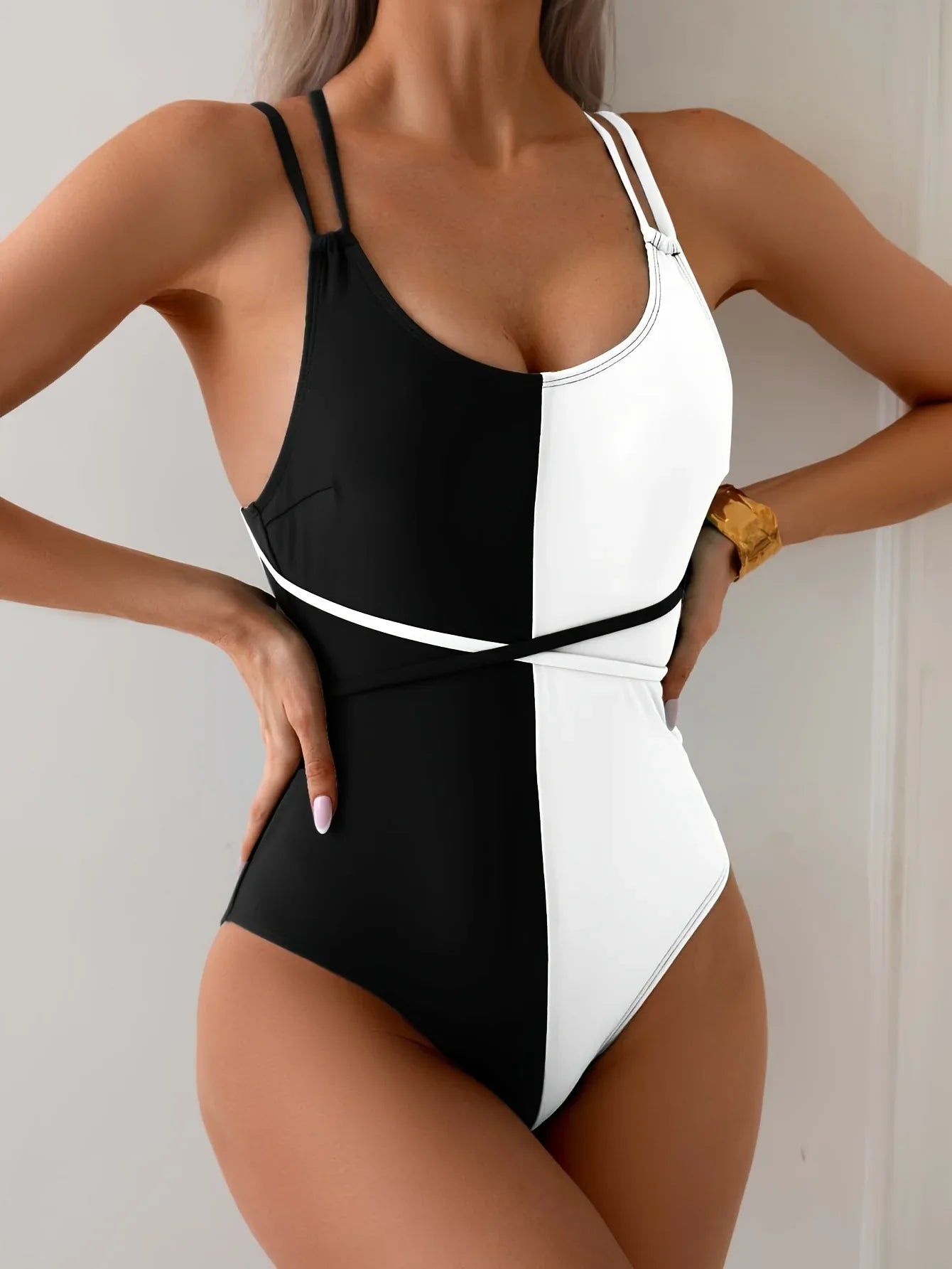 Vintage Black White Patchwork Swimwear Women 2025 Sexy Double Strap Bandage Cross Tummy Control Swimwear Summer Bathing Suits