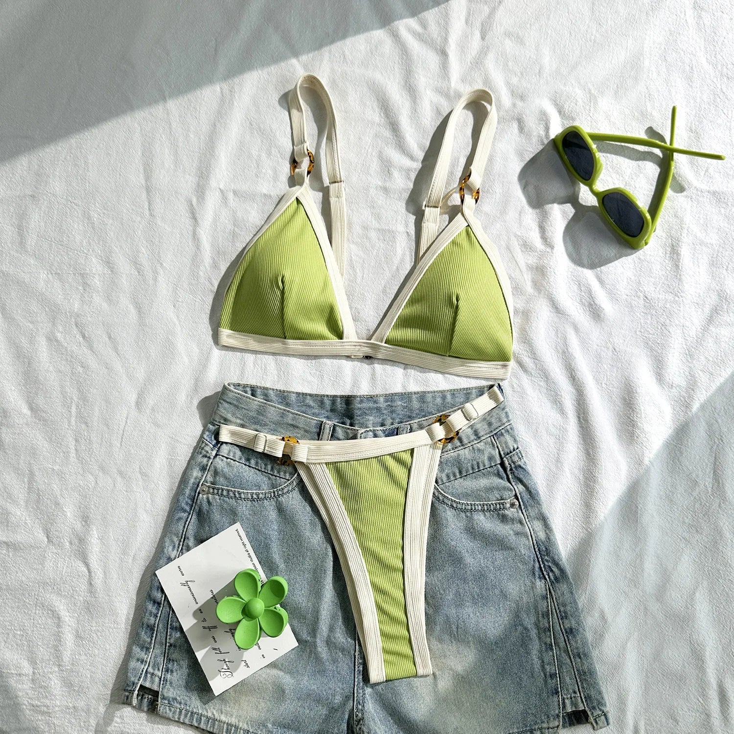 Sexy Khaki Patchwork Micro Bikini 2026 Women Brazilian Push Up Bra Metal Circle Thong Swimsuit Bathing Suit Holiday Swimwear