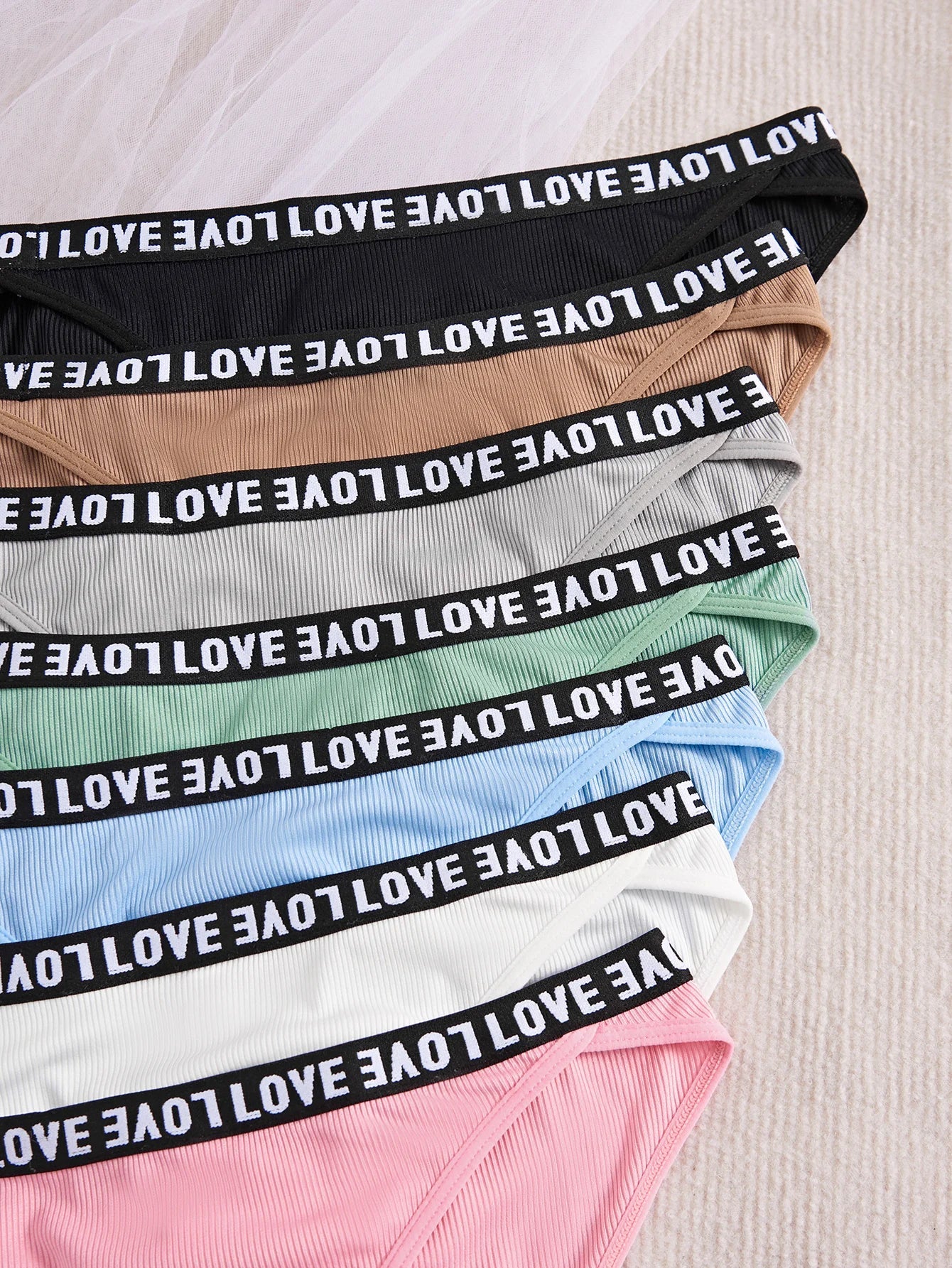 7-Pack Solid Color Everyday Sexy Ribbed Fabric Letter-Decorated Soft Women's Panties, Comfortable Elastic Briefs for Women, Sizes Xs-Xl