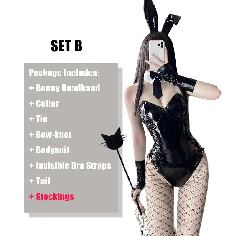 Mai Sakurajima Bunny Girl Cosplay Costume Women Sexy Lingerie PU Leather Bodysuit with Tie and Headband Set Anime Outfit