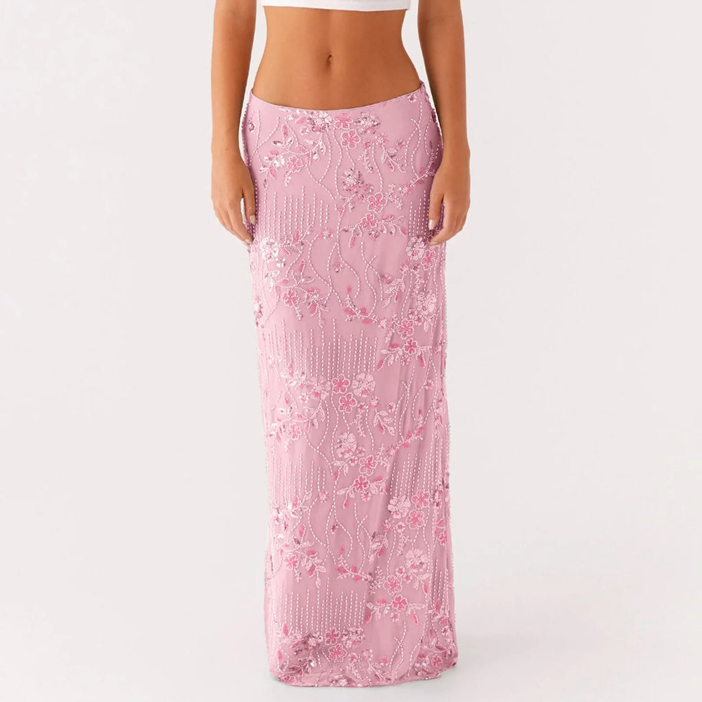 Elegant Beading Sequined Long Skirt for Women Summer Casual Floral Embroidery Maxi Straight Skirts for Beach Club Streetwear