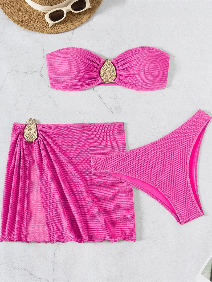 Sexy Bandeau Bikini Women Coffee Metal Water Droplet Ornament Push Up Mesh Skirt 3 Piece Swimsuit Beach Bathing Suit Swimwear