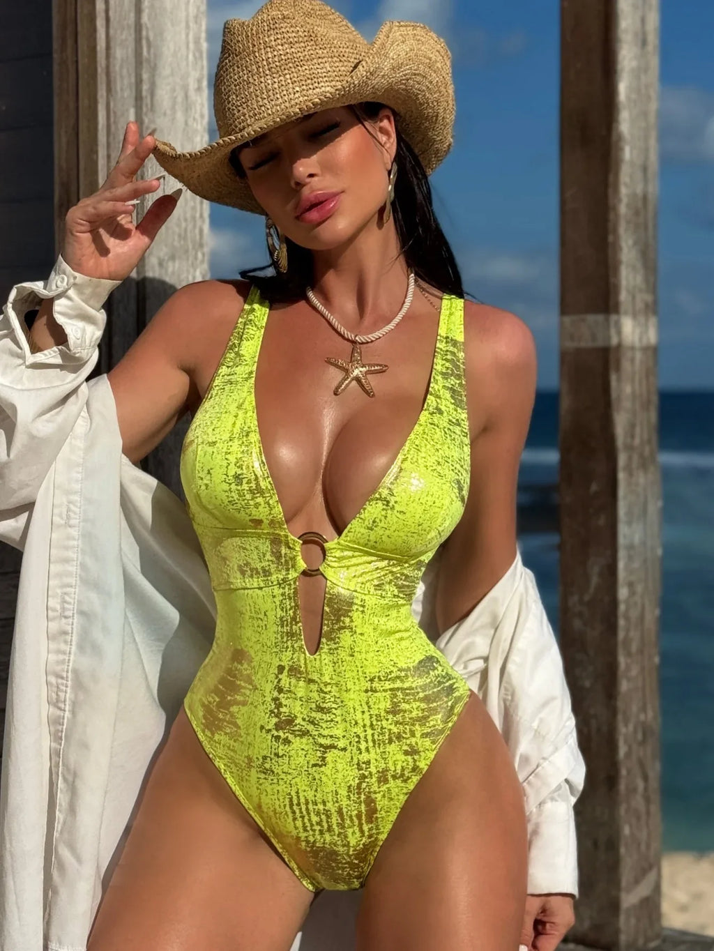 Shiny Gold One Piece Swimsuit 2026 Women Deep V Neck Hollow Out Backless Swimwear Summer Beach Bathing Suit Holiday Monokini
