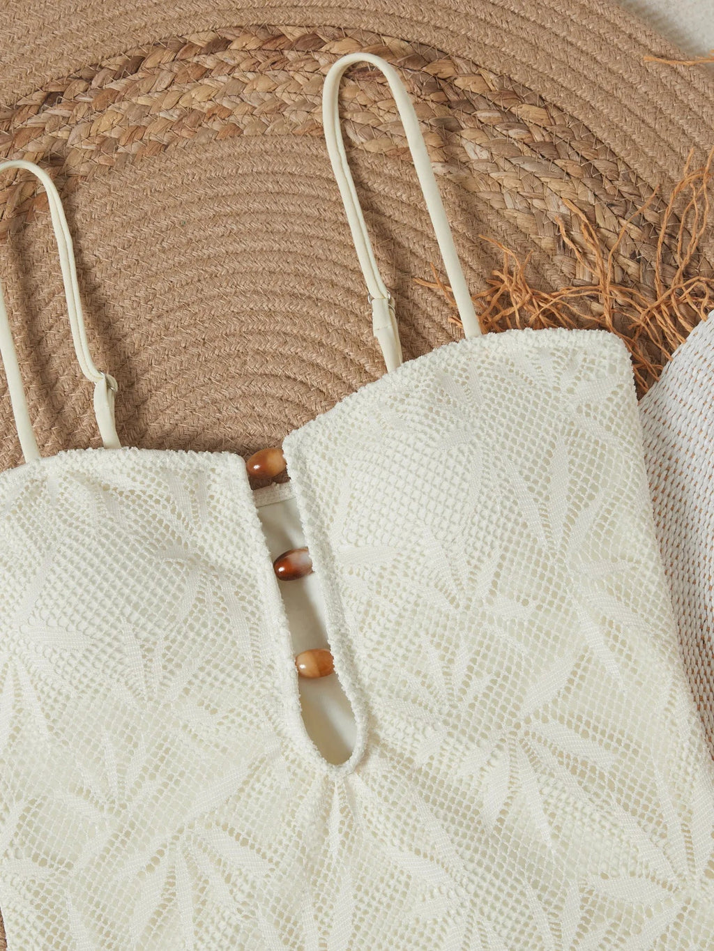 2026 Vintage Coffee Leaves Print One Piece Swimsuit Women Beaded String Hollow Out Backless Mesh Slim Fit Tummy Control Swimwear