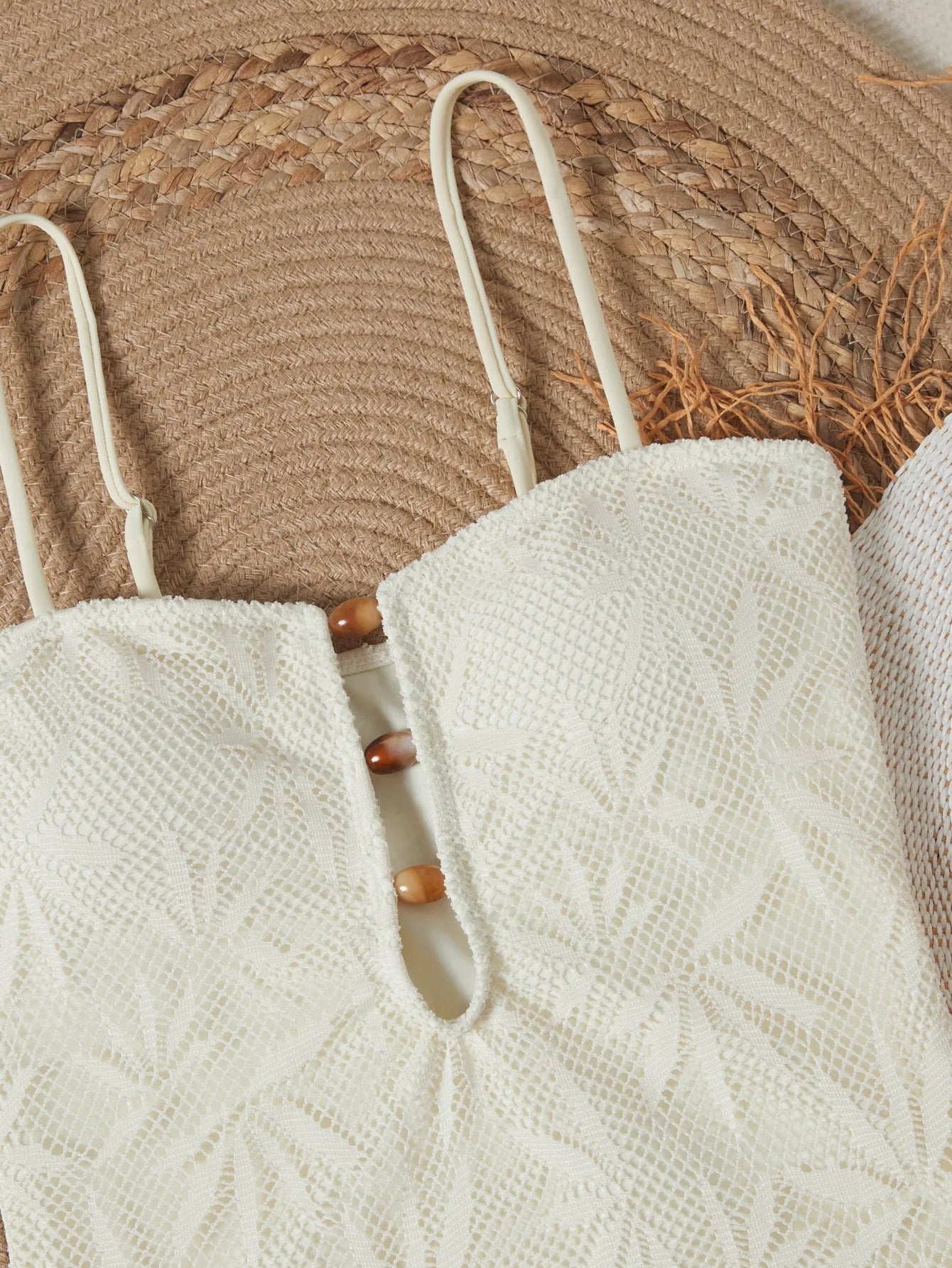 2026 Vintage Coffee Leaves Print One Piece Swimsuit Women Beaded String Hollow Out Backless Mesh Slim Fit Tummy Control Swimwear