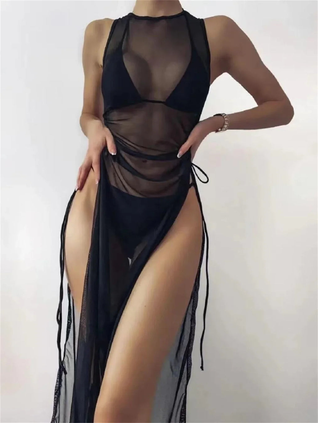 Sexy Sleeveless Mesh Bikini Cover Up Green White Dress 3 Piece Swimsuit Beach See Through Beach Bathing Suit Thong Swimwear 2024