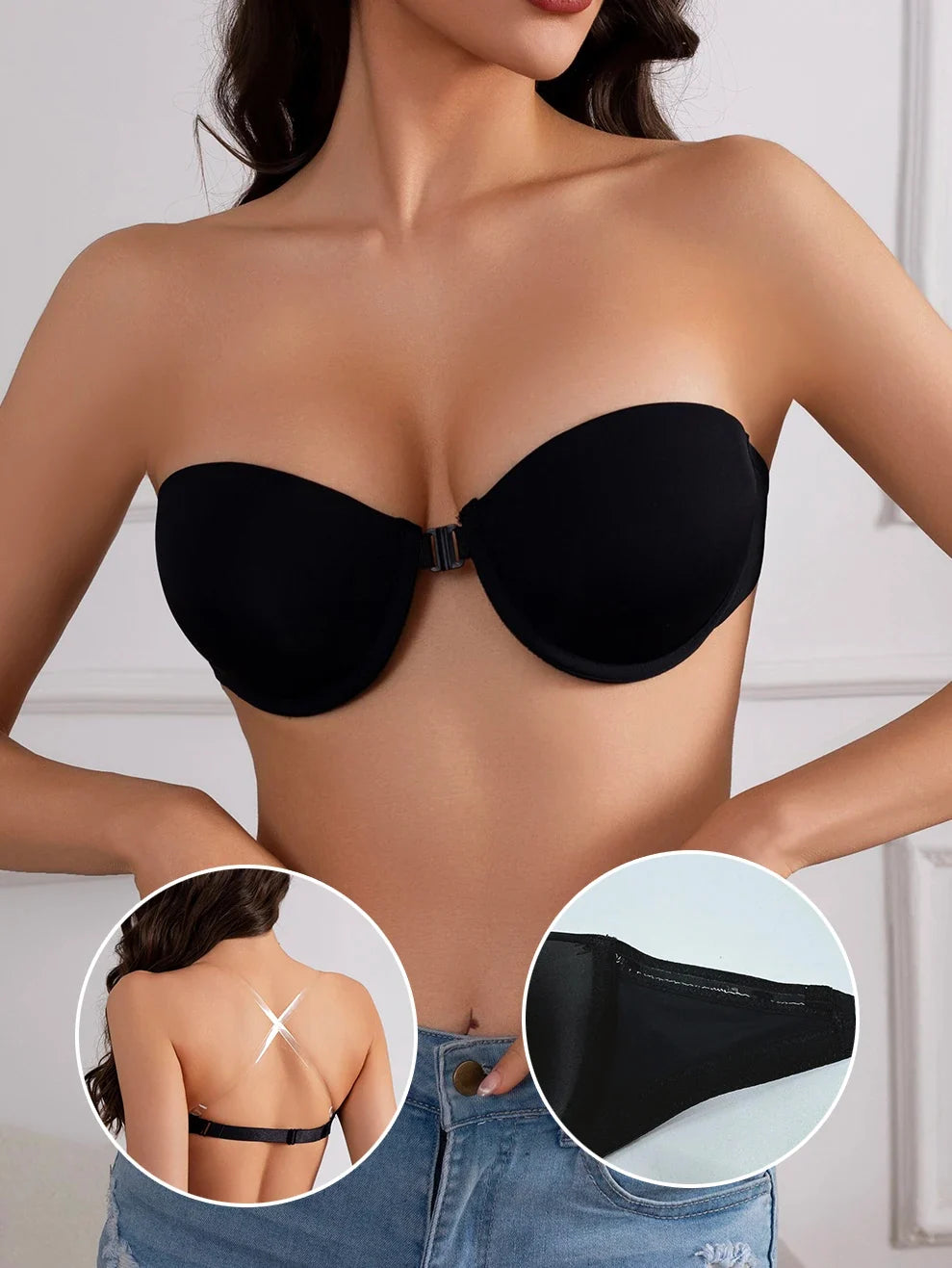 Women's Half Cup Strapless Bra Front Closure Clear Strap Bra Non-Slip Silicone Band Underwire Support Women's Underwear