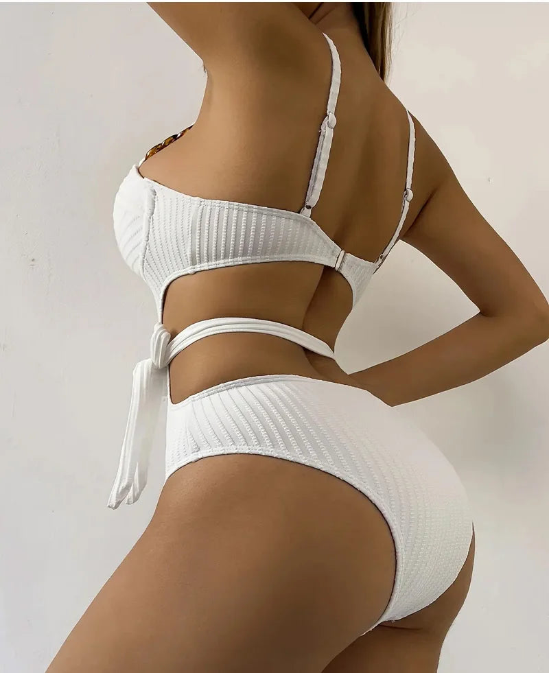 2026 Solid Color Wavy Fabric Bikini Set Cover Up Swimsuit For Women Push Up Ruffle One Pieces Swimwear Beach Bathing Suits