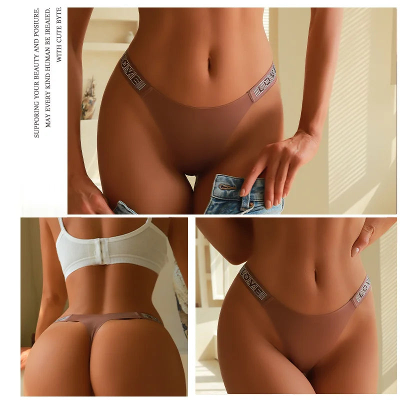 New Women's Smooth Low Waist Sexy Panties Women Thongs Rhinestones Letter Diamonds G-string Sports Thong Briefs T-back Shiny