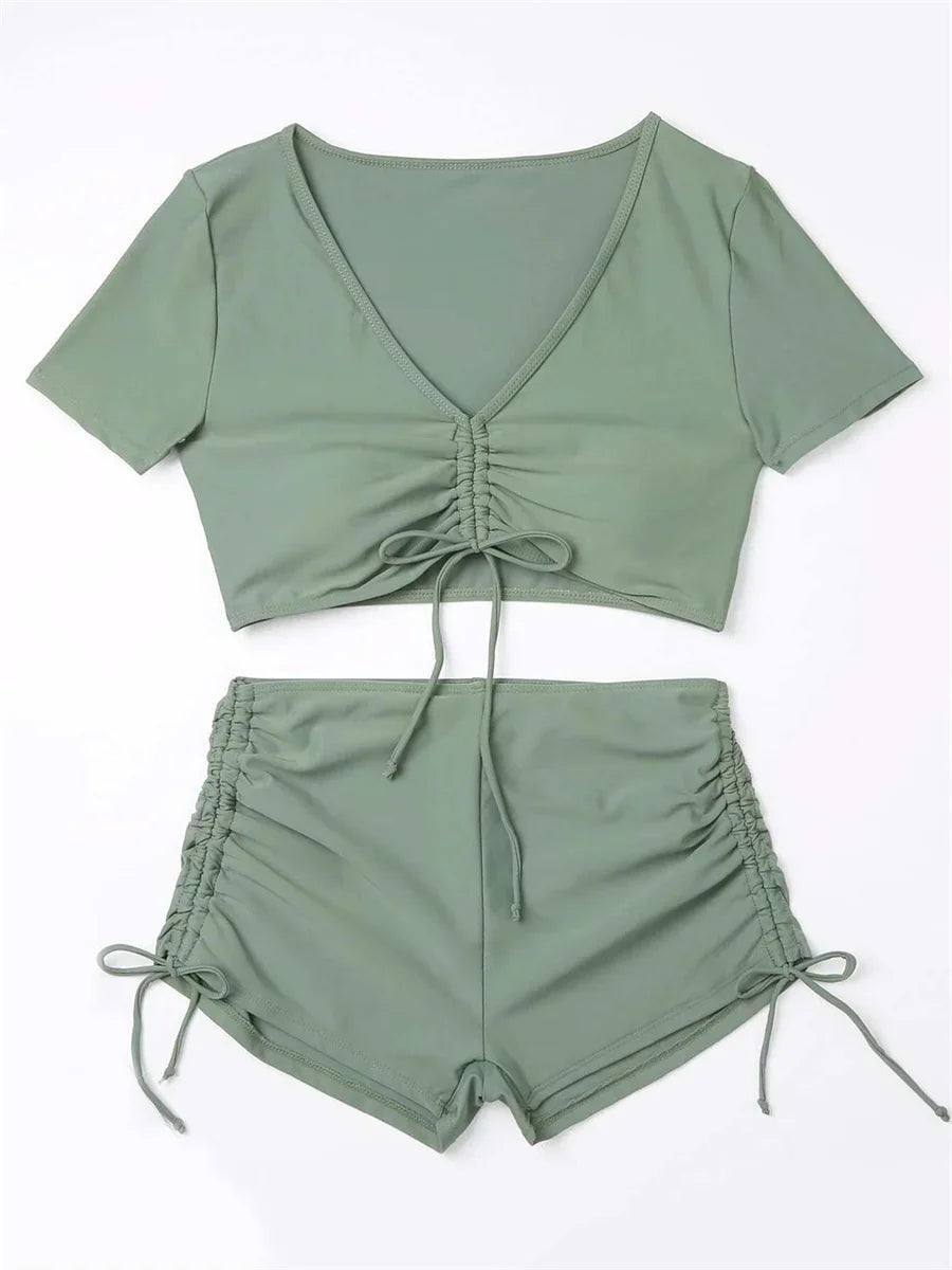 Sexy Drawstring Bikini Set 2026 Women Green Black Short Sleeve Two Piece Swimsuit Summer Bathing Suit Pleate High Waist Swimwear