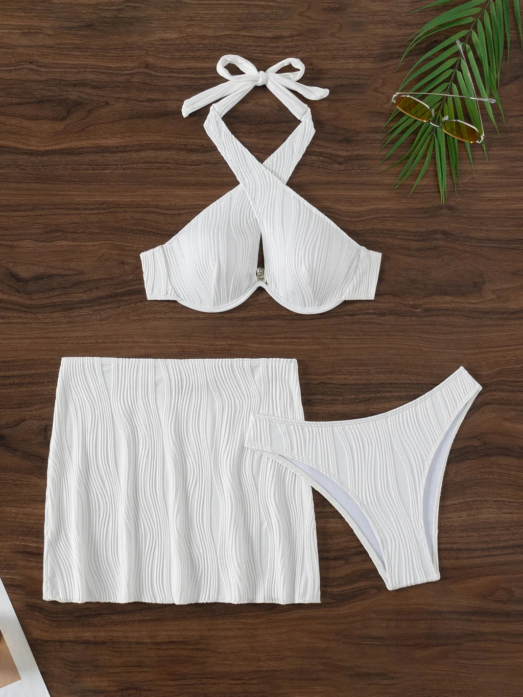 Sexy White Bikini 2025 Women Halter Cross Push Up Underwire Swimsuit Beach Bathing Suit High Waist Skirt 3 Pcs Swimwear Biquini