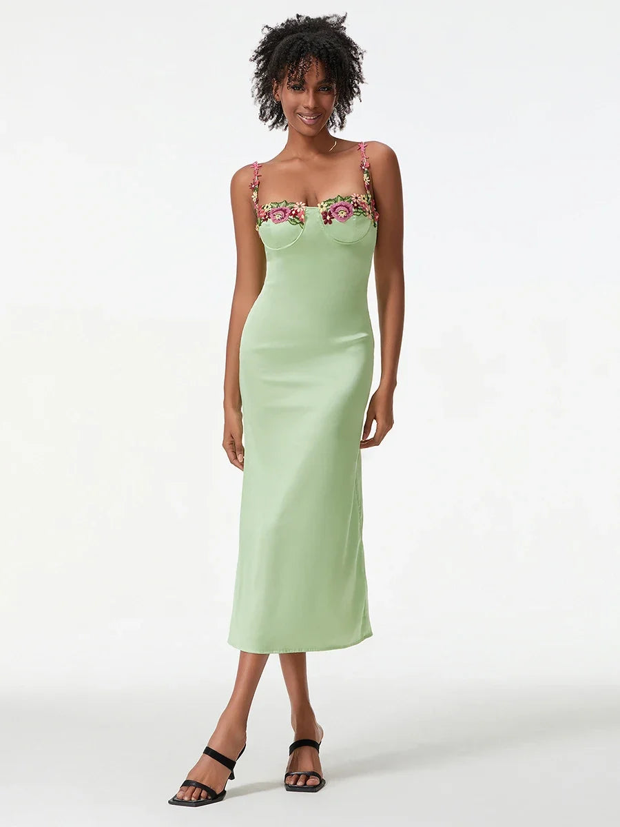 Satin Sling Bodycon Long Dress Women Flower Embroidery Sleeveless Spaghetti Strap Cocktail Dress Summer Party Club Skinny Dress