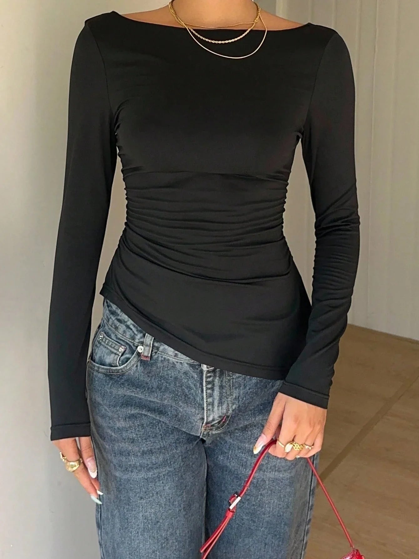 Women's Elegant Lace Patchwork Bow Decorate Long Sleeve T-Shirt Casual Asymmetry Hem Slim Fit Boat Collar Pleating Tops 2026