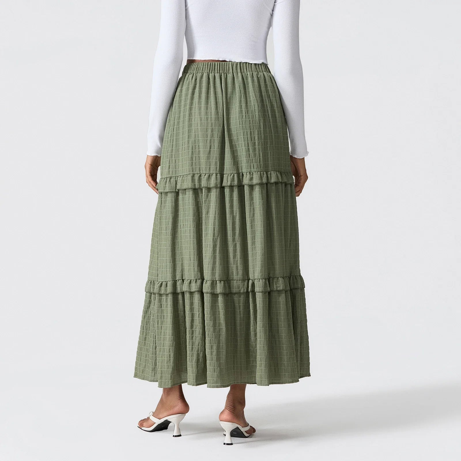 Elegant Women Long Tiered Skirt Summer Autumn Casual Ruffled Shirred Frill Trim Elastic Waist Drawstring A-Line Skirt Streetwear
