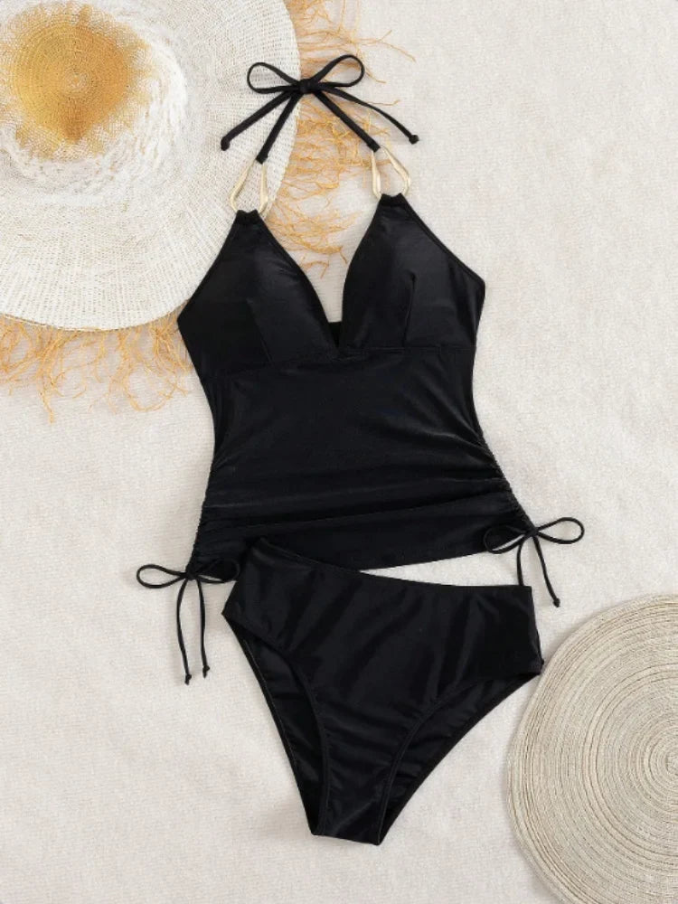 Vintage Black Two Piece Bikini Set 2026 Women Metal Buckle Strap V Neck Pleate Tank Top High Waist Bikini Bathing Suit Swimwear