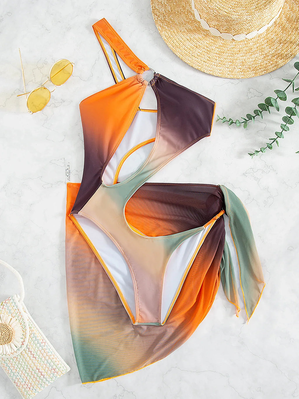 Sexy Orange Tie Dye Gradient One Piece Swimsuit 2025 Women One Shoulder Hollow Out Skirt Swimwear Bathing Suit Thong Monokini
