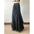 Y2K Lace Mesh Long Skirt Women Harajuku Vintage Patchwork Bandage Black Skirts Gothic Aesthetic High Waist Chic Long Skirts ODU6
