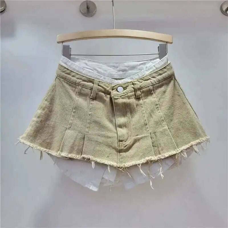 New Fashion Women's Irregular Fake Two-piece A-line Mini Denim Skirts 2026 Autumn Trendy High Waist Skirt Female Fashion XHV4