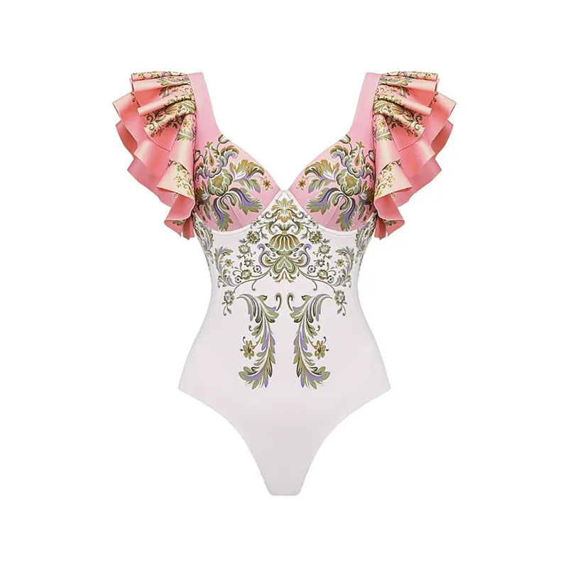 Vintage Pink Floral Print Swimsuit 2024 Ruffle Push Up Skirt Monokini Holiday Bathing Suit Tummy Control Swimwear Surf Wear