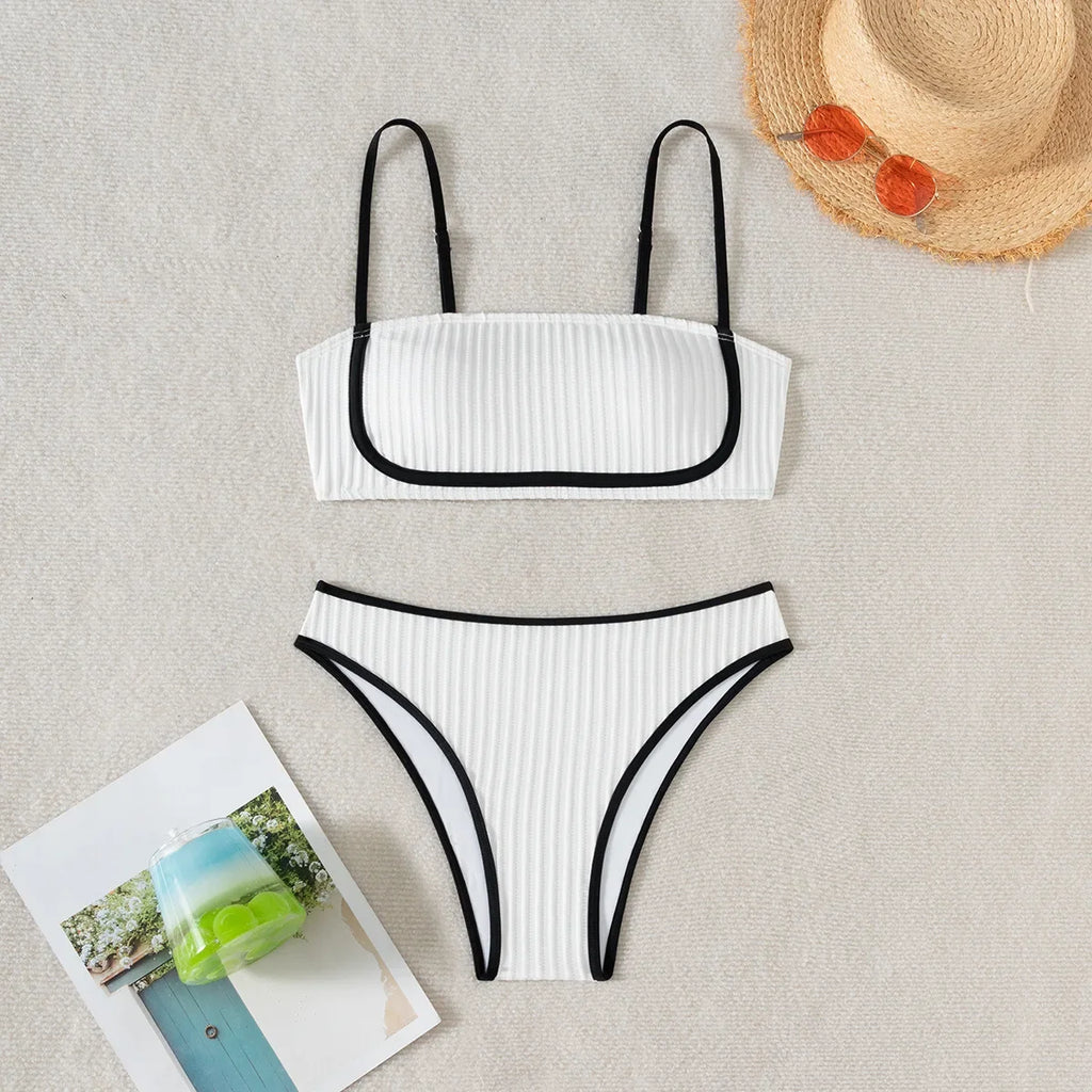 2025 Rib Piping Bandeau High-Rise Bottoms Bikini Set Trendy Beachwear Straight Neckline High Rise Swimwear Swimsuit Bathing Suit