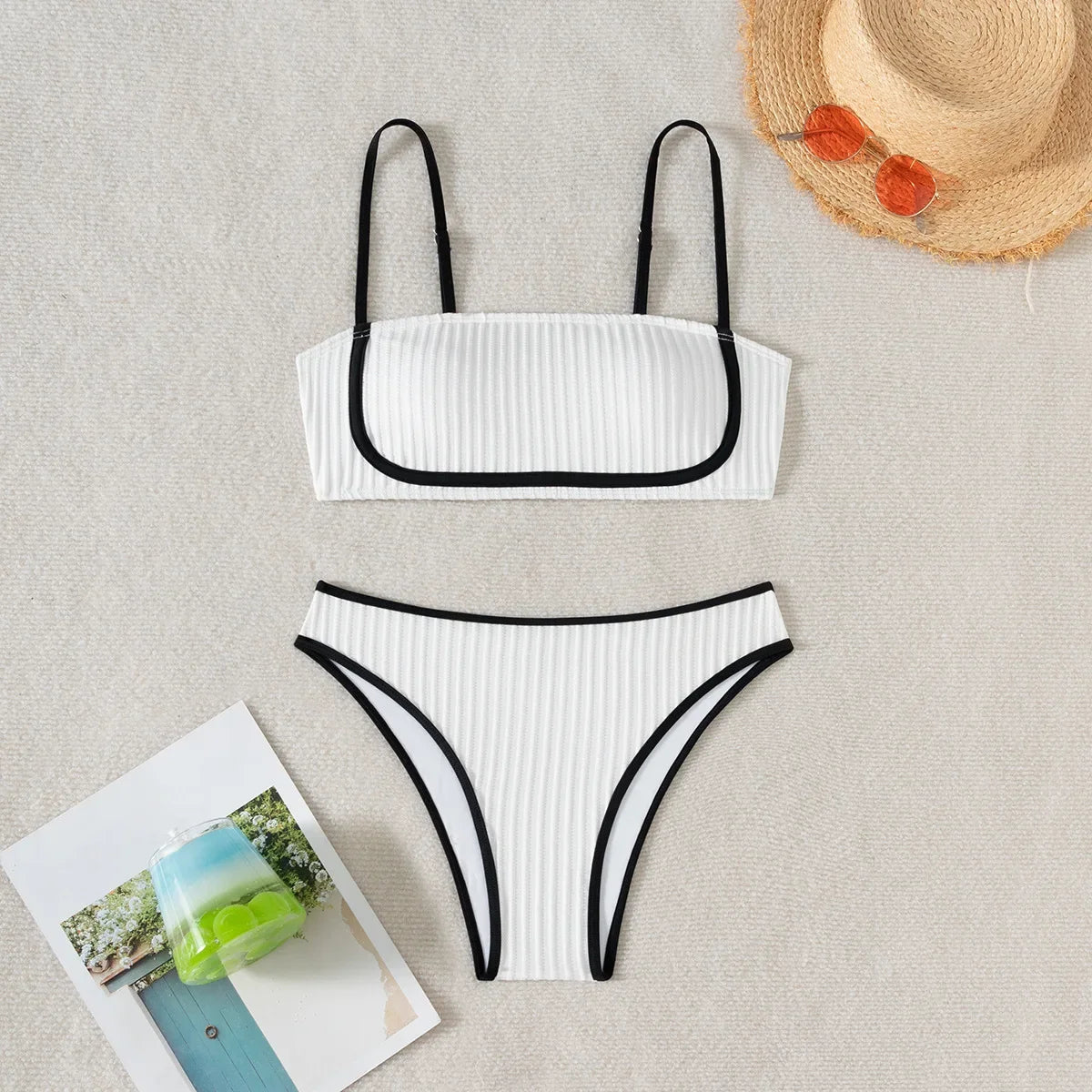 2025 Rib Piping Bandeau High-Rise Bottoms Bikini Set Trendy Beachwear Straight Neckline High Rise Swimwear Swimsuit Bathing Suit