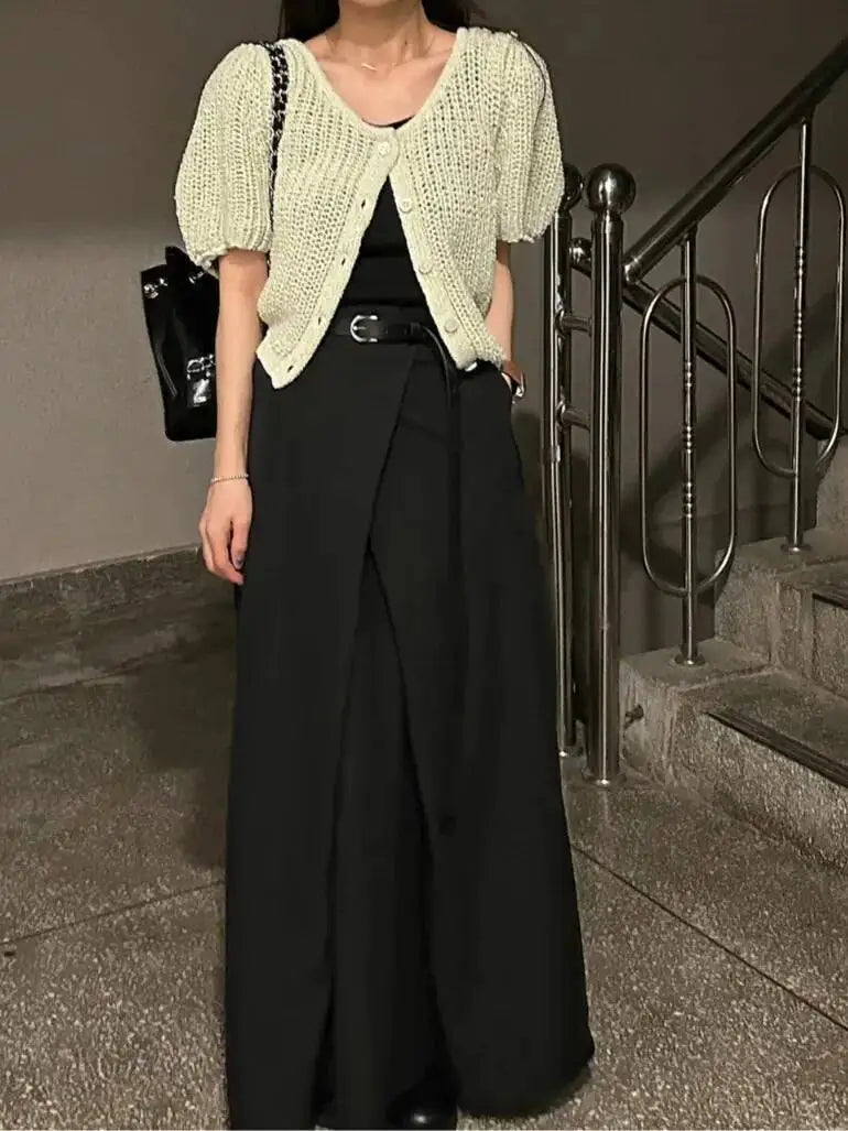 Loose Knee-Length A-Line Skirt Versatile Minimalist Design Commute High Waist Midi Pure Color Polyester Fiber Skirt WDM4