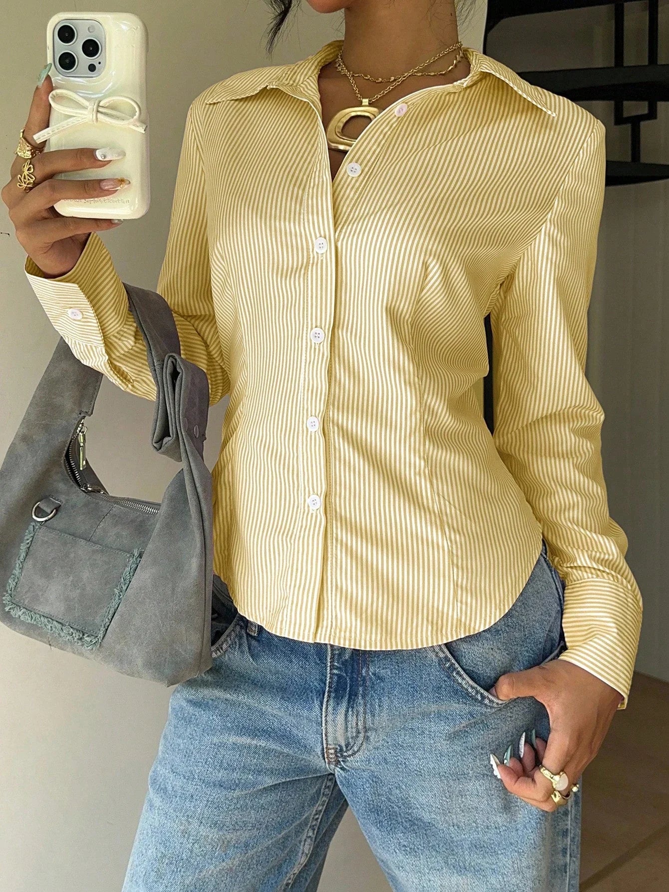 Women's Elegant Back Tie Design Long Sleeve Shirt Office Lady Slim Fit Stripe Turn-down Collar Blouse Spring Fall