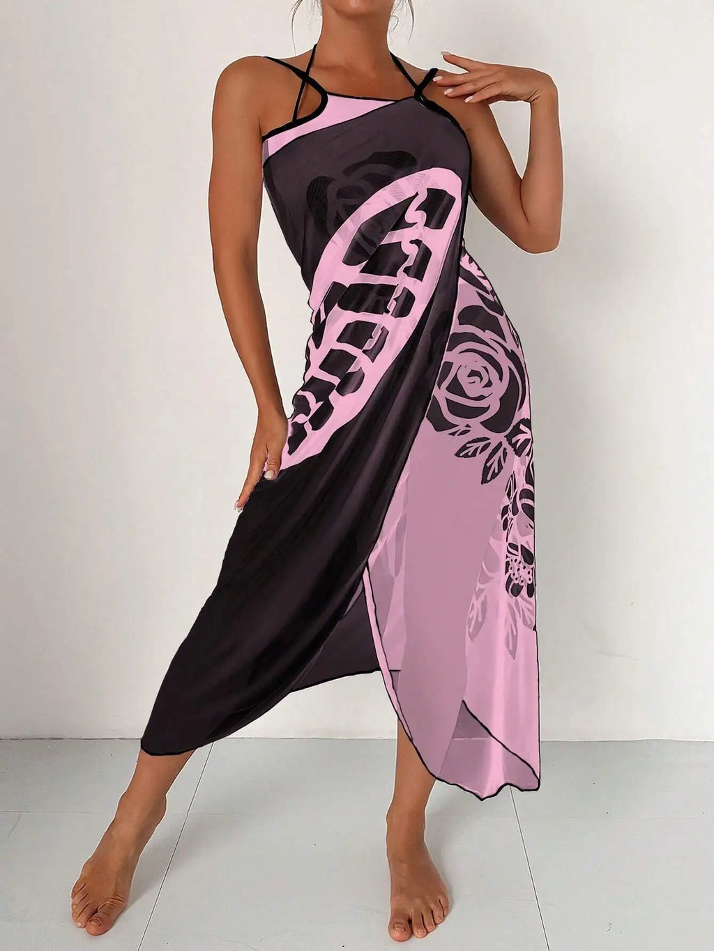 Sexy Butterfly Print Cover Up 2026 Women Black Patchwork Mesh Dress Tunic Bikini Lady Elegant Bath Sarong Wrap Skirt Beachwear