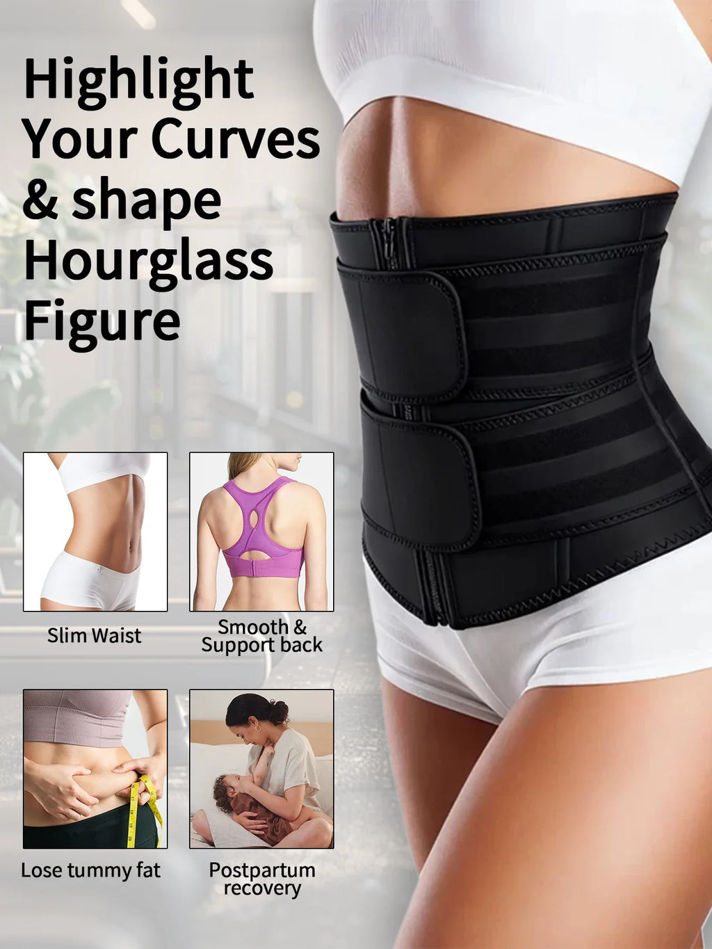 Women's Waist Trainer, Waist Tightening Bodywear Zipper Shapewear Belt, Slimming Fitness Black Shapewear