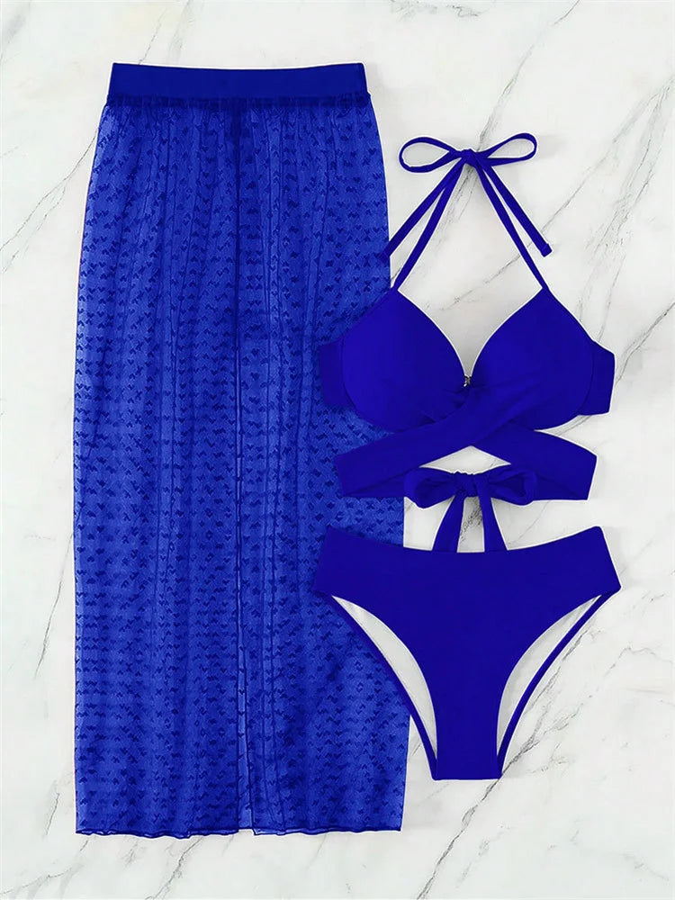 Sexy White 3 Pieces Skirt Bikinis Set Women Black Push Up Criss Cross Underwire Swimsuit 2025 Lace Cover-ups High Waist Swimwear
