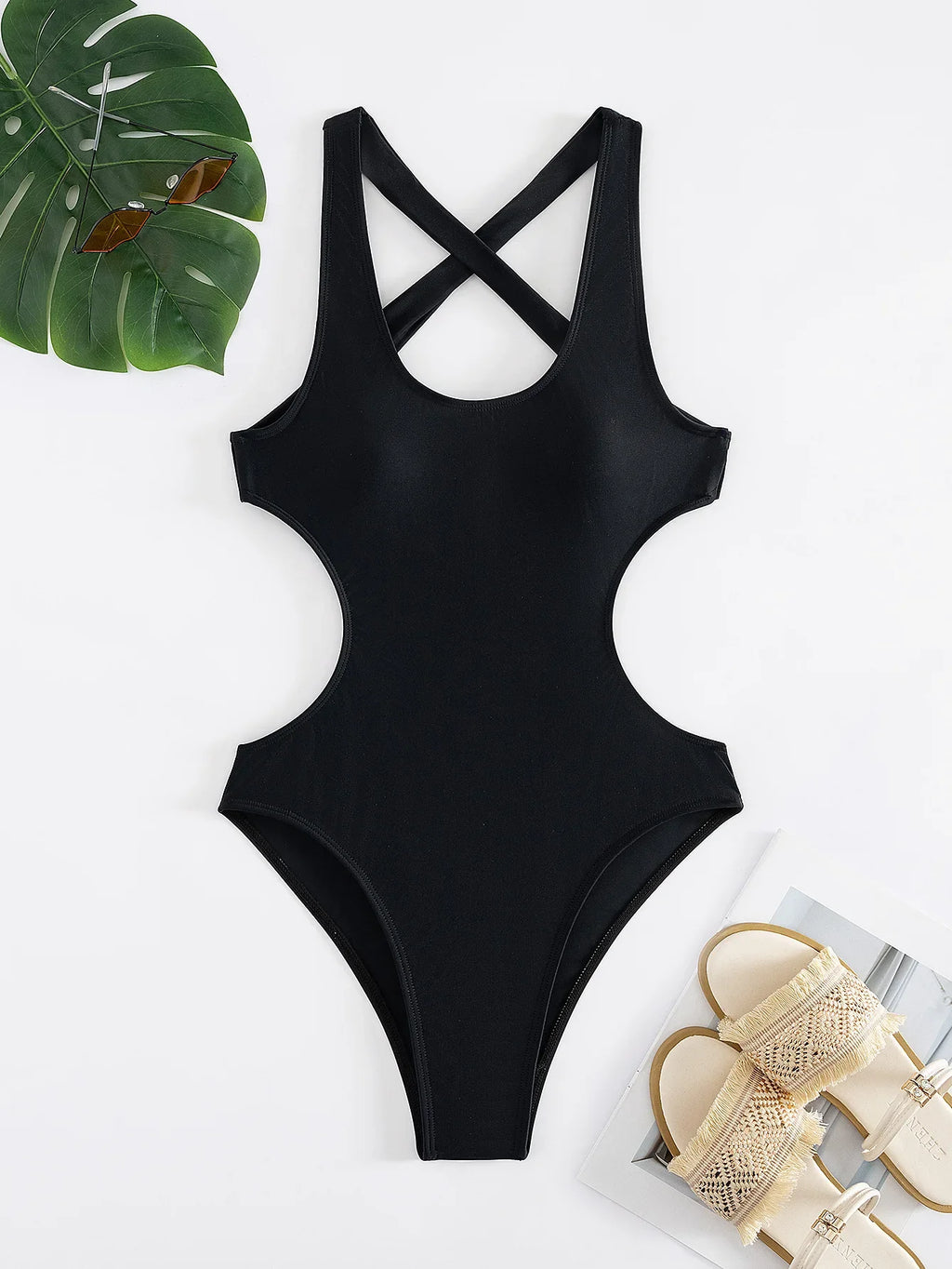 Sexy Black One Piece Swimsuit 2025 Women Hollow Out Backless Cross Slim High Waist Bikini Beach Bathing Suit Holiday Monokini