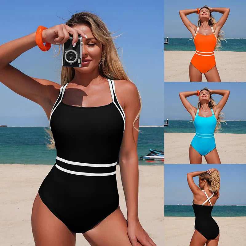 Sexy Black White Patchwork Swimwear Women 2026 Halter Back Cross Tummy Control One Piece Swimsuit Beach Holiday Bathing Suits