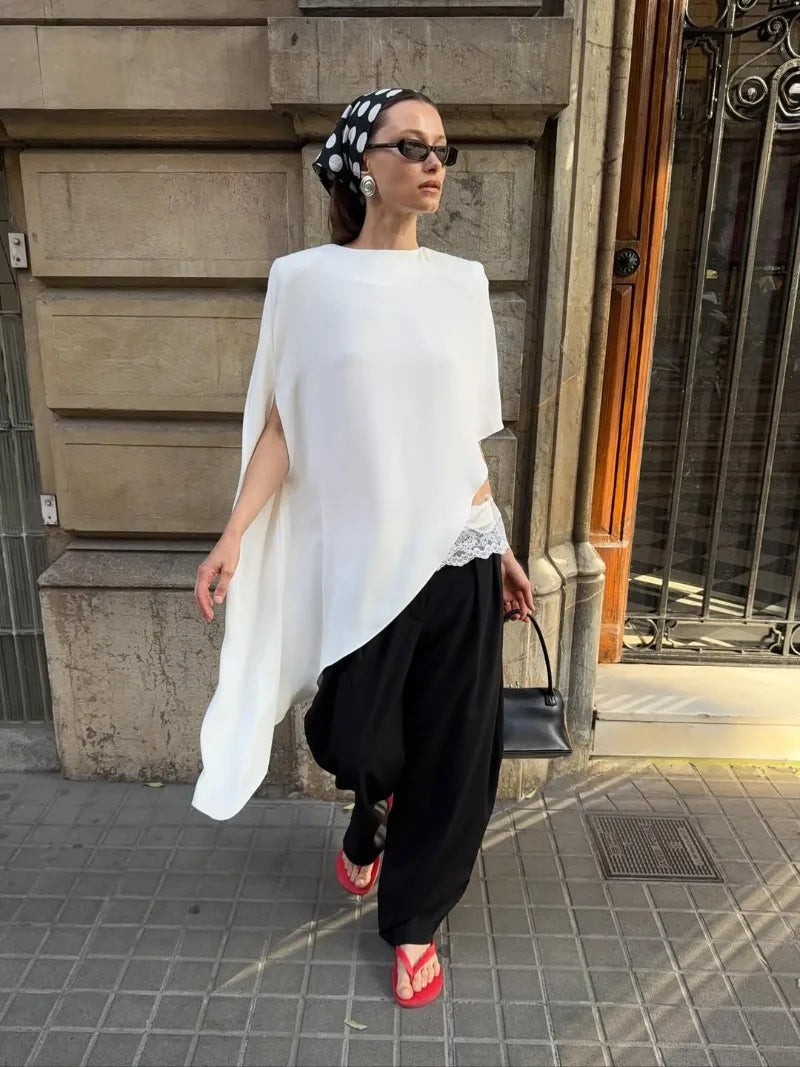Trendix White Asymmetrical Cover Up For Women Fashion Ruffle Hem Loose Short Sleeve Shirts Casual Elegant Commuting Pullover Top