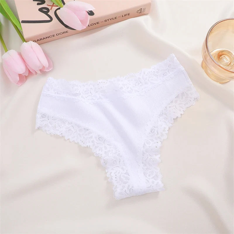 3Pcs Women Cotton Brazilian Pants Sexy Lace Brazilian Briefs Low Waist Floral Solid Color G-string Breathable Soft Lingerie