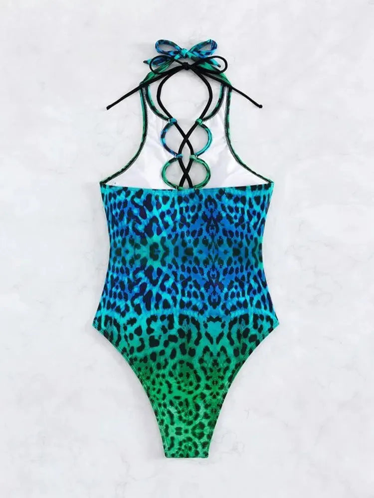 Sexy Hollow Out One Piece Swimsuit 2025 Women Blue Leopard Print Gradient Bandage Backless Bikini Bathing Suit Thong Swimwear