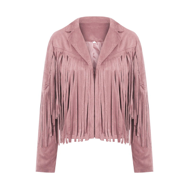 Women Spring Autumn Slim Long Sleeve Open Front Coat Solid Color Collared Jacket with Tassels Black/ Coffee/ Pink