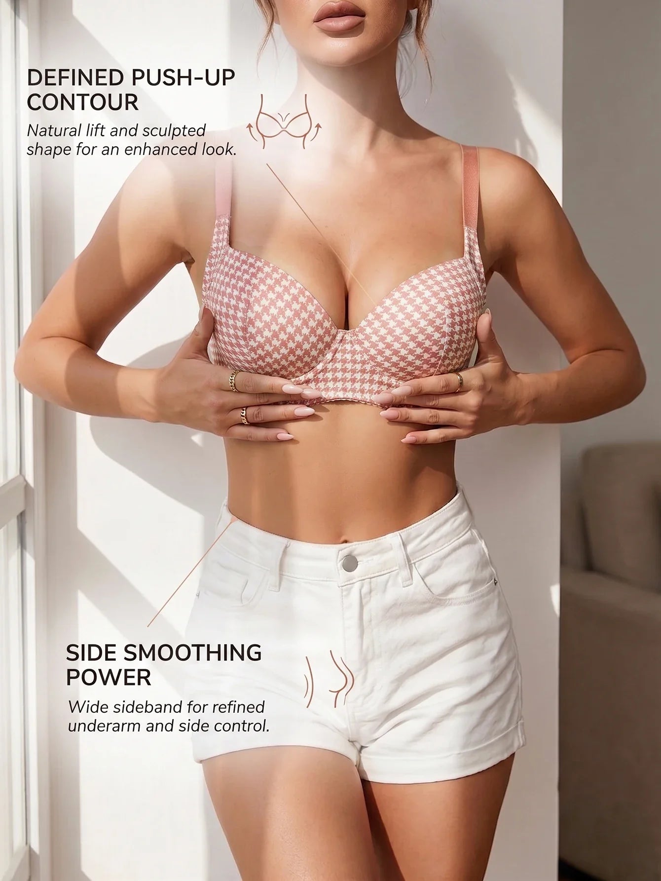 Women's Plaid Push-Up Bra Wide Straps Seamless Smoothing Underwear Underwire Side Support Adjustable Bra for Daily Wear