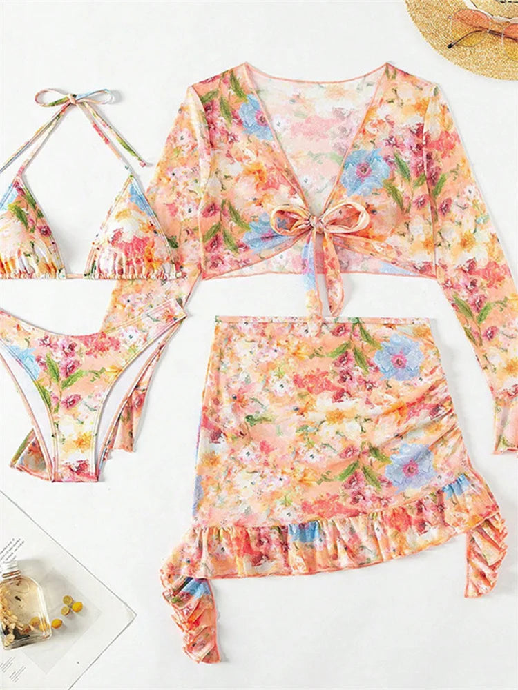 4 Piece Bikini Set Women Orange Floral Print Long Sleeve Mesh Cover Up Ruffle Skirt Swimsuit 2024 Sexy Bathing Suit Swimwear