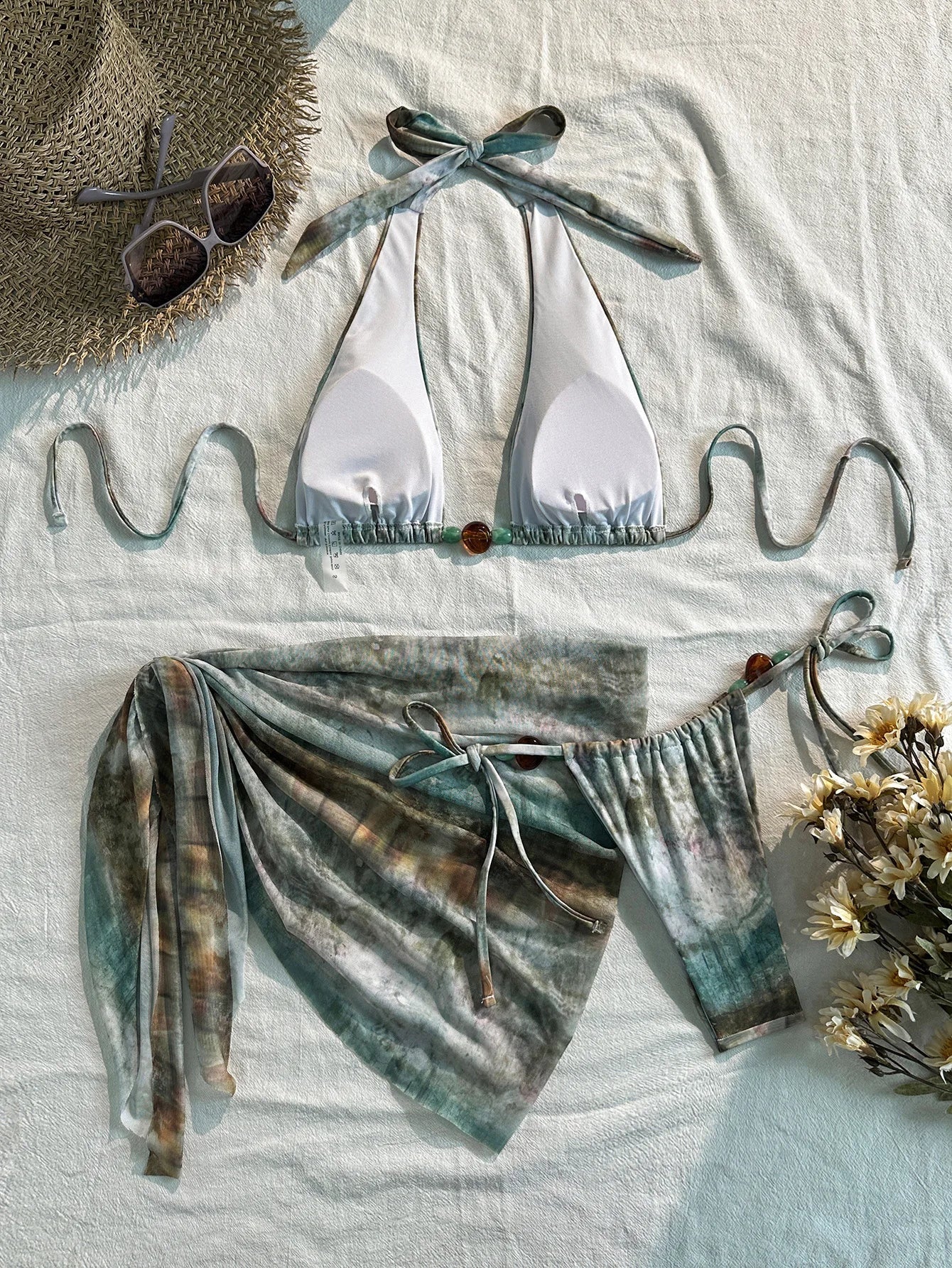 Vintage Green Tie Dye Gradient Bikini Set 2026 Women Pearls Push Up Bra Cover Up 3 Piece Swimsuit Bathing Suit Holiday Swimwear