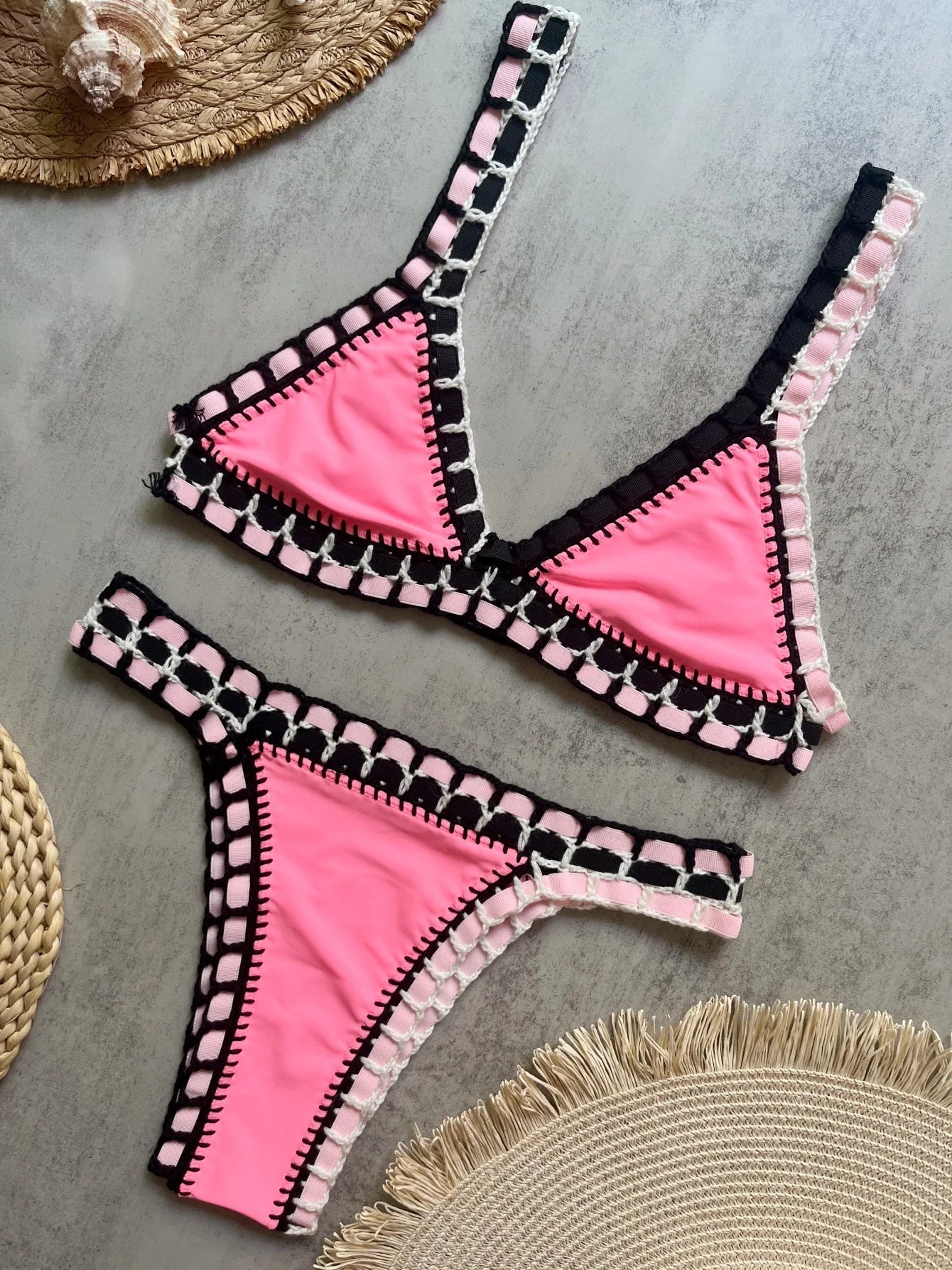 Sexy Black Patchwork Hand Crochet Bikini Set Women 2026 V Neck Push Up Bra Thong Swimsuit Beach Bathing Suit Knitted Swimwear