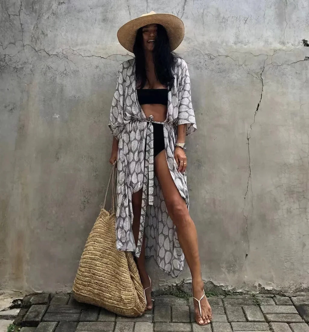 2024 New Summer Sexy Beach Kimono Swimwear Cotton Cover Up Swimsuit Women Print Bikini Cover Up Beachwear Dress Robe