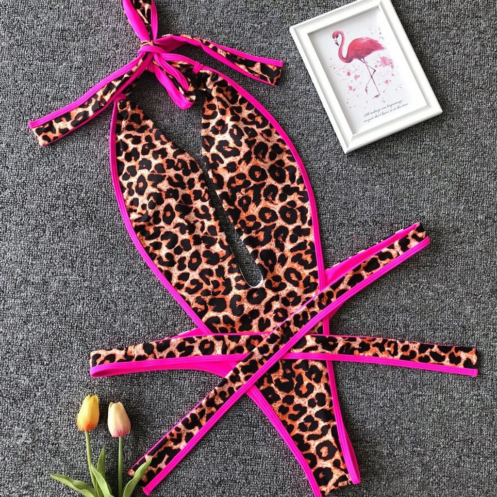 Sexy Bikini 2025 Swimsuit Woman Hollow Out Black Leopard Print Thong Swimwear Front Tie Bathing Suit Backless One Piece Swimsuit