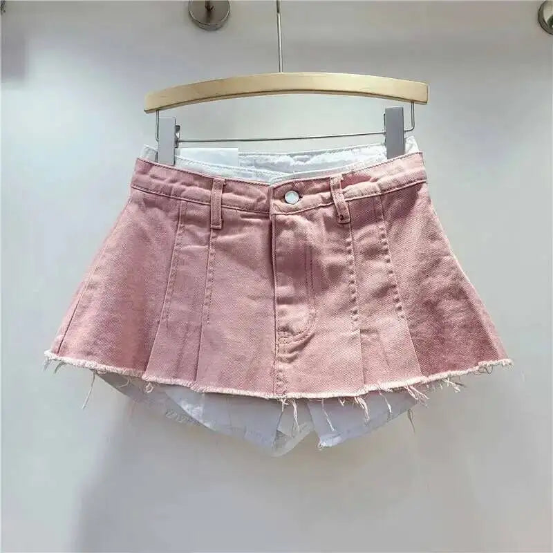 New Fashion Women's Irregular Fake Two-piece A-line Mini Denim Skirts 2026 Autumn Trendy High Waist Skirt Female Fashion XHV4