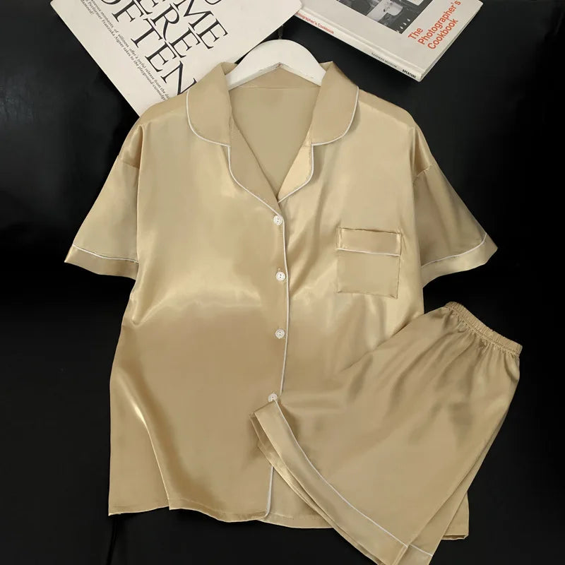 Sweet Simple Ice Silk Pajamas for Women  Thin Short-sleeved Home Clothes Suit Nightwear Women's Pajamas Set Nightie Summer
