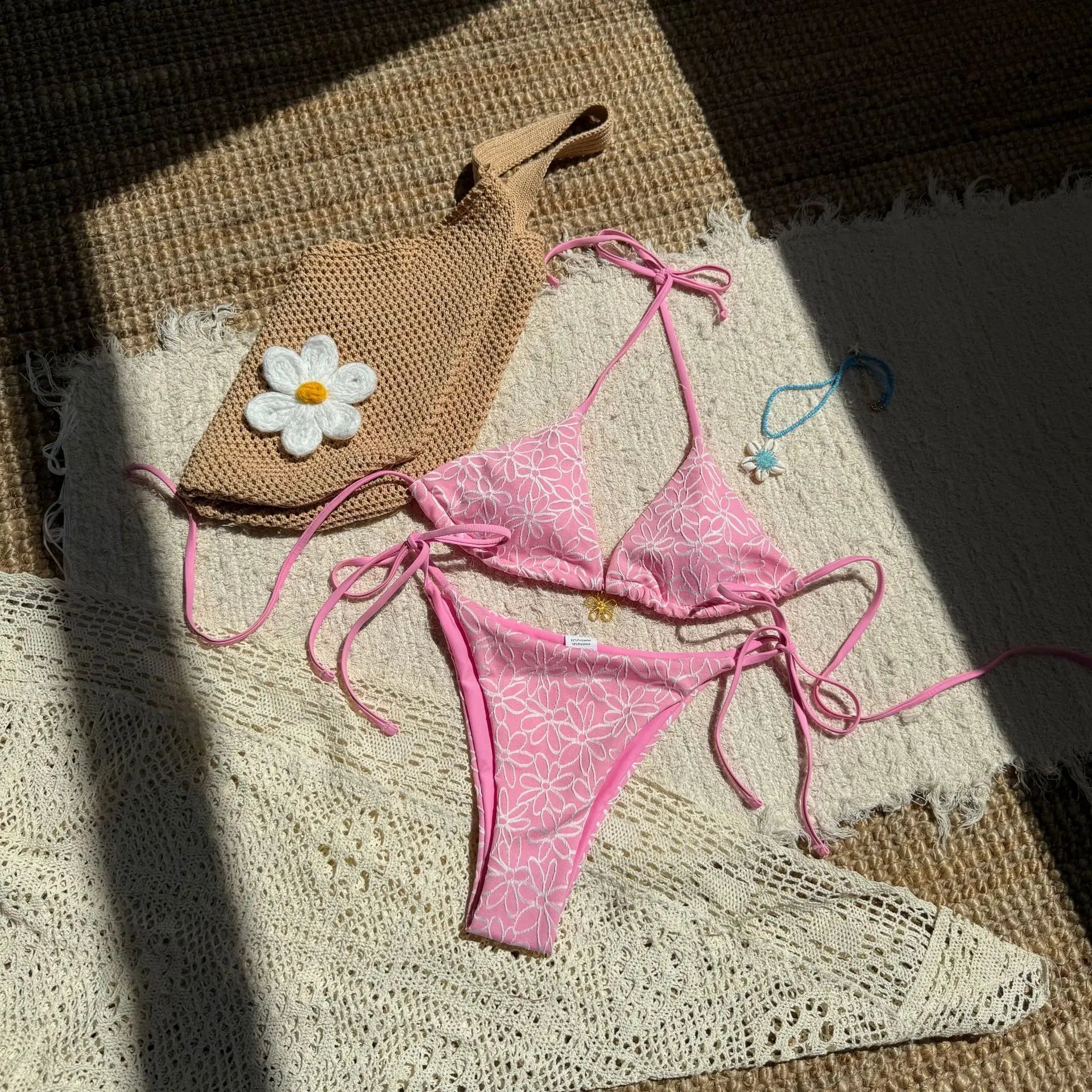Sexy Pink Mesh Flower Bikini Set Women Halter Push Up Bra Bandage Triangle Swimsuit 2025 Summer Bathing Suit Vacation Swimwear