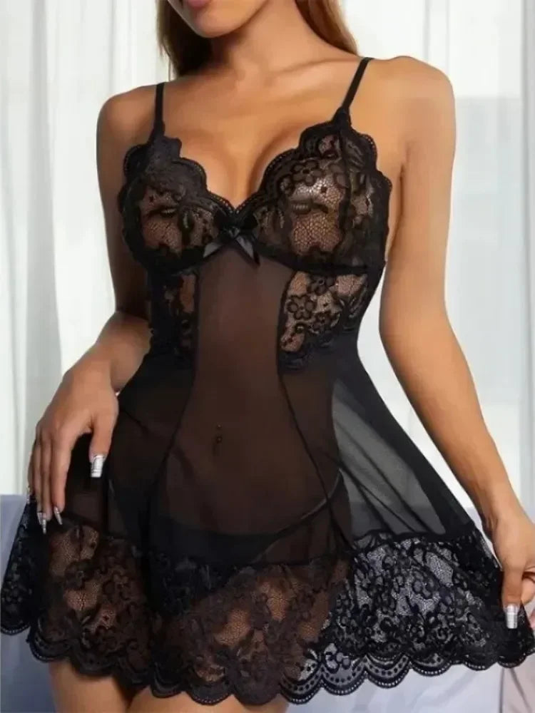 Women Porn Suit Sexy Lingerie Babydoll Backless See Through Lace Dress with Panties Set Exotic Sleepwear Underwear Chemises