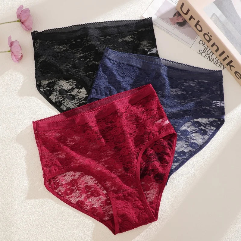 FINETOO 3PCS Women Lace Panties Sexy Hollow Underpants Sexy High Waist Lace Panty Elegant& Romantic Ladies Breathable Underwear
