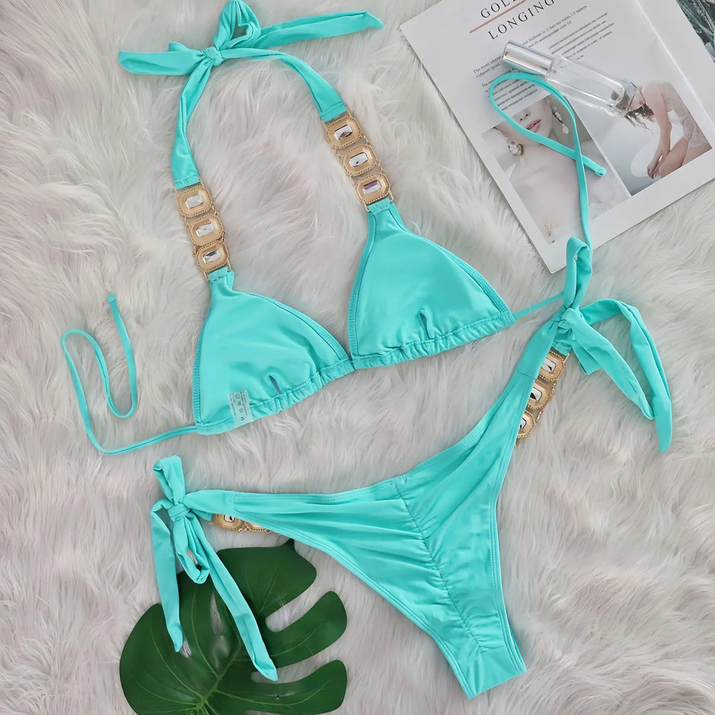 Sexy Rhinestone Bikini Set Women 2026 Luxury Pink Crystal Diamond Push Up Bandage Thong Swimsuit Beach Bathing Suit Swimwear